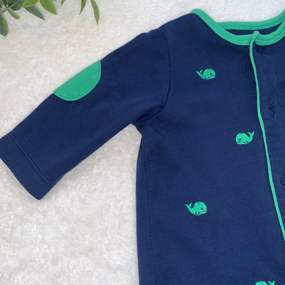 Little Me Navy Blue & Green Whale Footie 6M EUC